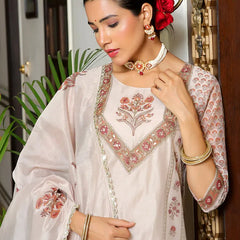 Women Grey Chanderi Block printed Embroidered kurta set with solid pants & dupatta (Set of 5 Pc)