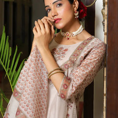 Women Grey Chanderi Block printed Embroidered kurta set with solid pants & dupatta (Set of 5 Pc)