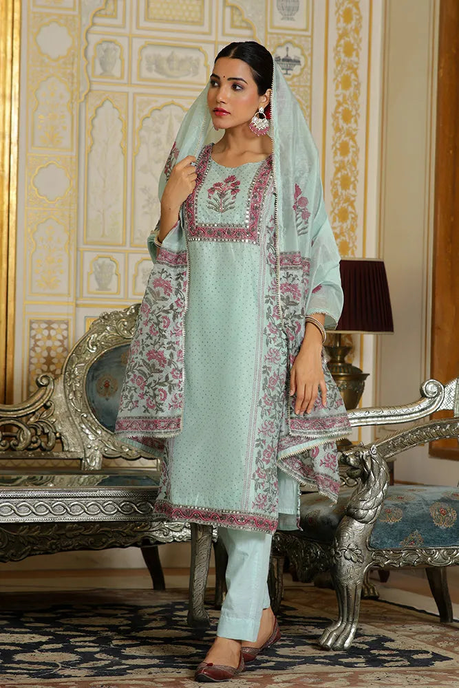 Women Teal Chanderi Block printed Embroidered kurta set with solid pants & dupatta (Set of 5 Pc)