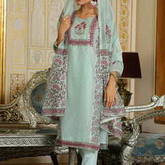 Women Teal Chanderi Block printed Embroidered kurta set with solid pants & dupatta (Set of 5 Pc)