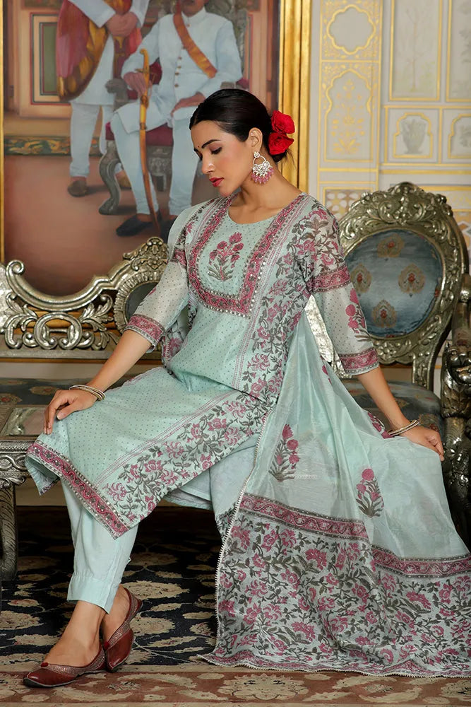 Women Teal Chanderi Block printed Embroidered kurta set with solid pants & dupatta (Set of 5 Pc)