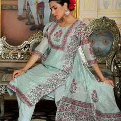 Women Teal Chanderi Block printed Embroidered kurta set with solid pants & dupatta (Set of 5 Pc)