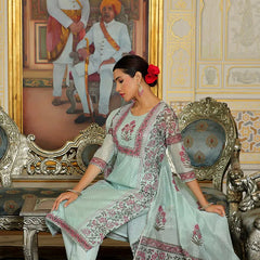 Women Teal Chanderi Block printed Embroidered kurta set with solid pants & dupatta (Set of 5 Pc)