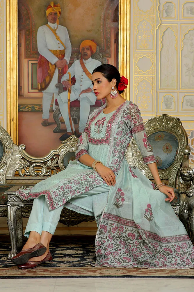 Women Teal Chanderi Block printed Embroidered kurta set with solid pants & dupatta (Set of 5 Pc)