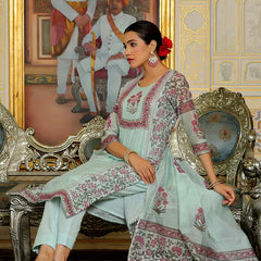 Women Teal Chanderi Block printed Embroidered kurta set with solid pants & dupatta (Set of 5 Pc)