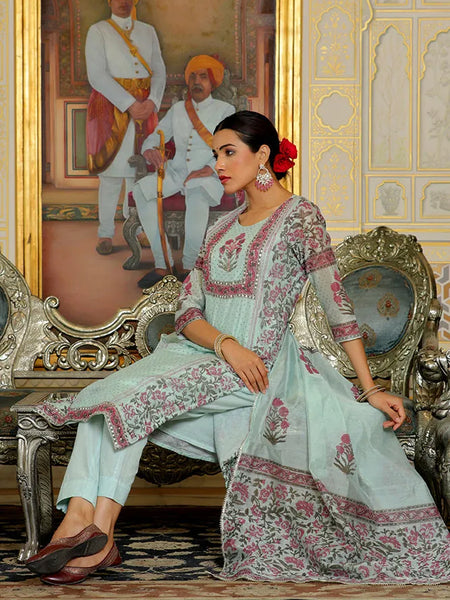 Women Teal Chanderi Block printed Embroidered kurta set with solid pants & dupatta (Set of 5 Pc)