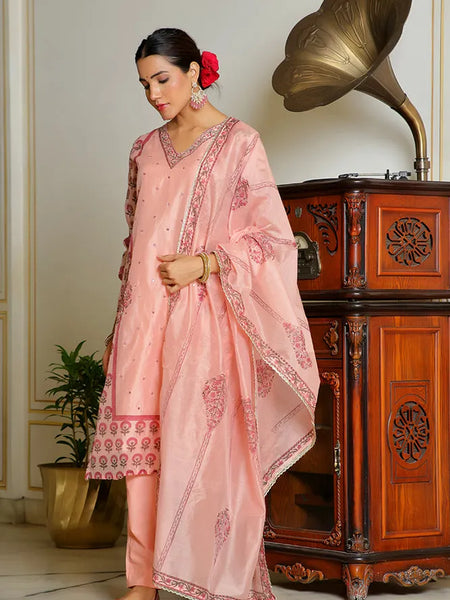 Women Orange Chanderi Block printed Embroidered kurta set with solid pants & dupatta (Set of 5 Pc)