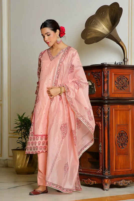 Women Orange Chanderi Block printed Embroidered kurta set with solid pants & dupatta (Set of 5 Pc)