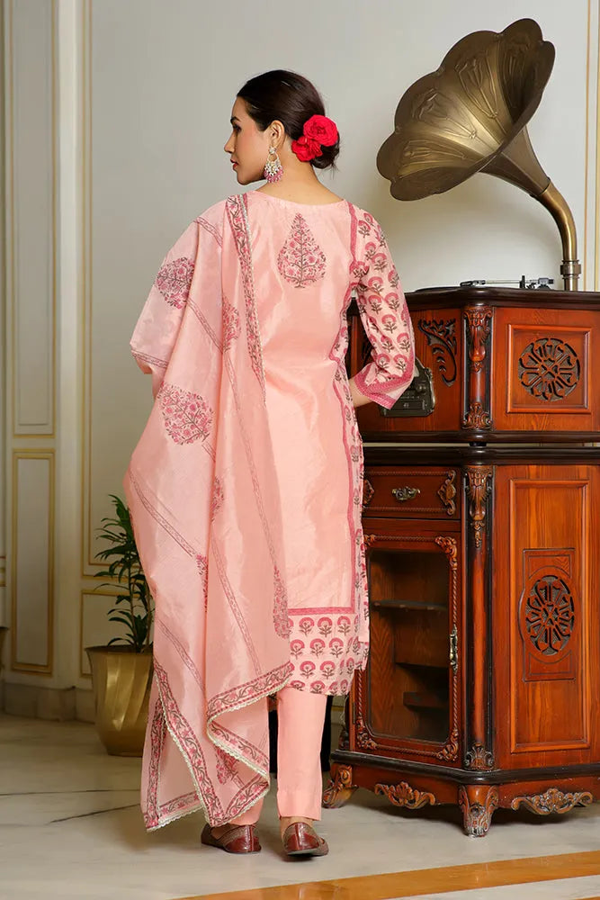 Women Orange Chanderi Block printed Embroidered kurta set with solid pants & dupatta (Set of 5 Pc)