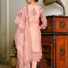 Women Orange Chanderi Block printed Embroidered kurta set with solid pants & dupatta (Set of 5 Pc)