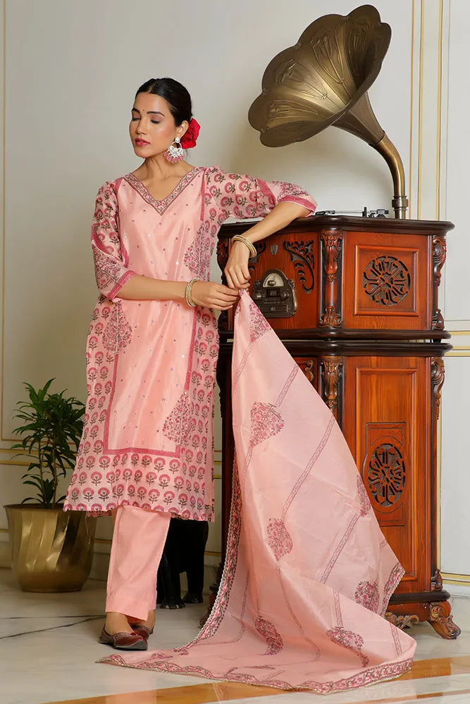 Women Orange Chanderi Block printed Embroidered kurta set with solid pants & dupatta (Set of 5 Pc)