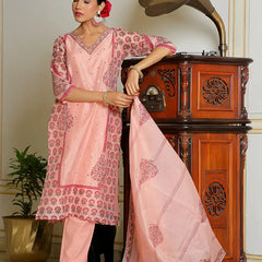 Women Orange Chanderi Block printed Embroidered kurta set with solid pants & dupatta (Set of 5 Pc)