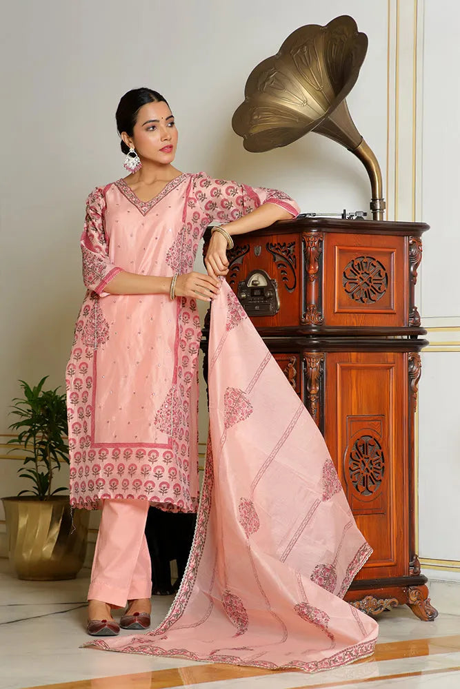Women Orange Chanderi Block printed Embroidered kurta set with solid pants & dupatta (Set of 5 Pc)