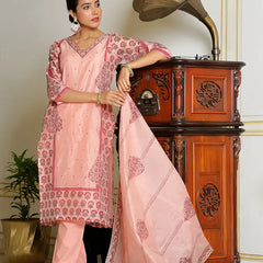 Women Orange Chanderi Block printed Embroidered kurta set with solid pants & dupatta (Set of 5 Pc)