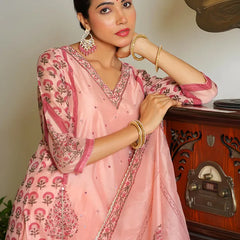 Women Orange Chanderi Block printed Embroidered kurta set with solid pants & dupatta (Set of 5 Pc)