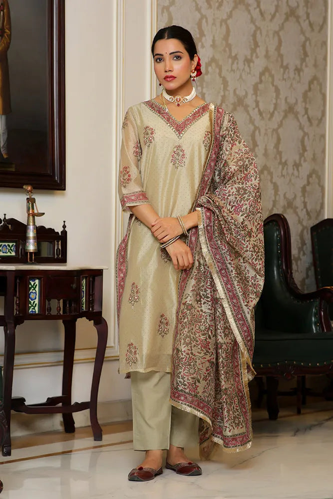 Women green Chanderi Block printed Embroidered kurta set with solid pants & dupatta (Set of 5 Pc)