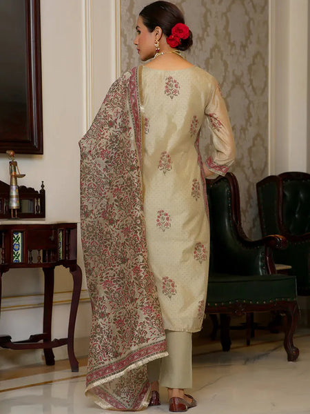Women green Chanderi Block printed Embroidered kurta set with solid pants & dupatta (Set of 5 Pc)