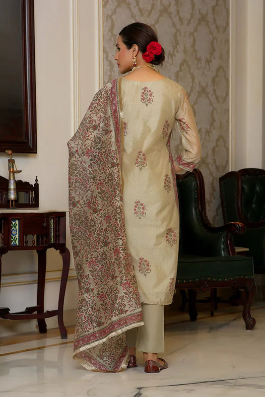 Women green Chanderi Block printed Embroidered kurta set with solid pants & dupatta (Set of 5 Pc)