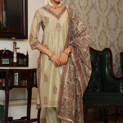 Women green Chanderi Block printed Embroidered kurta set with solid pants & dupatta (Set of 5 Pc)