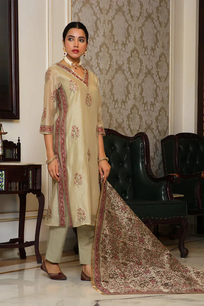 Women green Chanderi Block printed Embroidered kurta set with solid pants & dupatta (Set of 5 Pc)