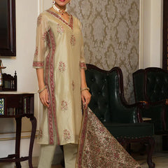 Women green Chanderi Block printed Embroidered kurta set with solid pants & dupatta (Set of 5 Pc)