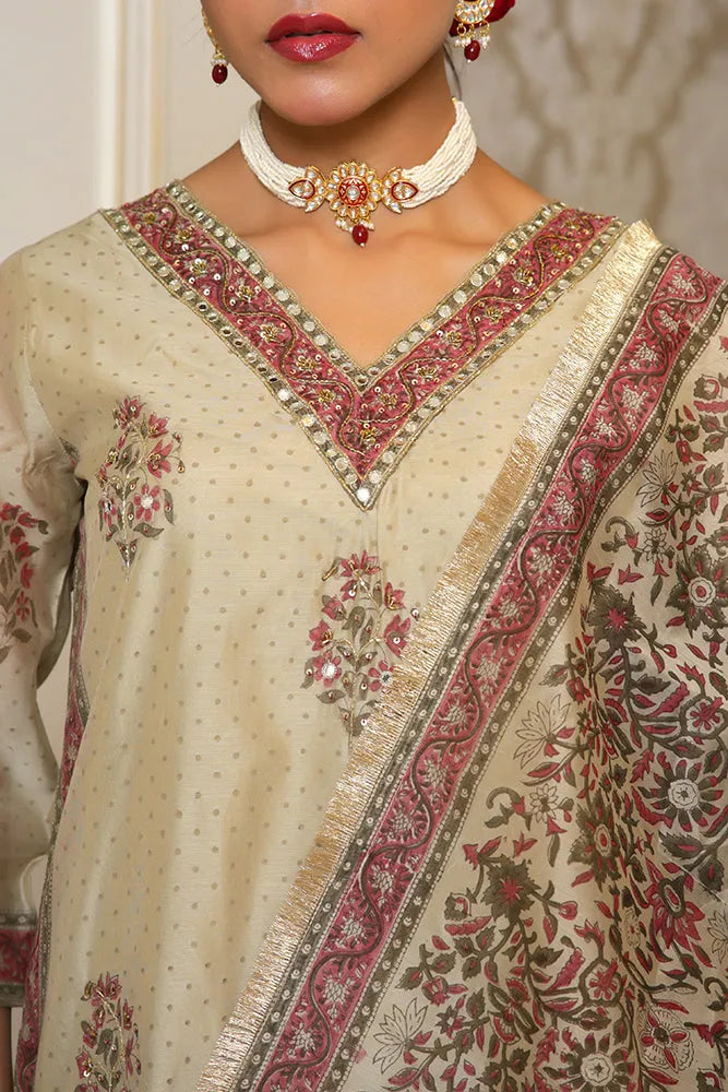 Women green Chanderi Block printed Embroidered kurta set with solid pants & dupatta (Set of 5 Pc)