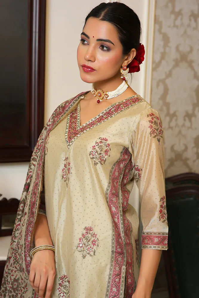 Women green Chanderi Block printed Embroidered kurta set with solid pants & dupatta (Set of 5 Pc)