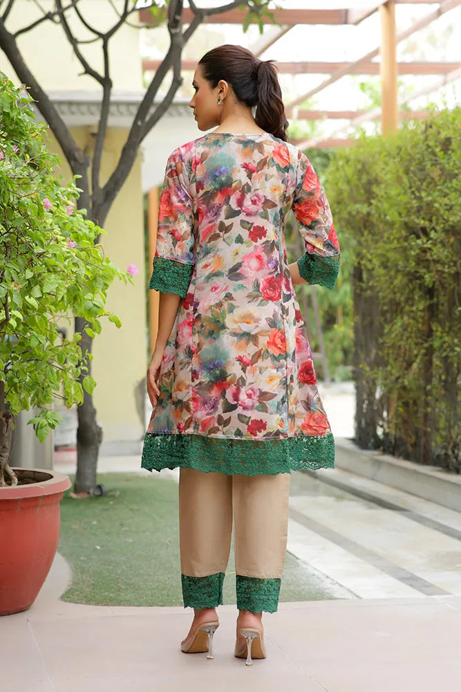 Women embroidered printed  kurta set with laced solid pants (Set of 5 Pc)
