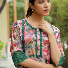 Women embroidered printed  kurta set with laced solid pants (Set of 5 Pc)