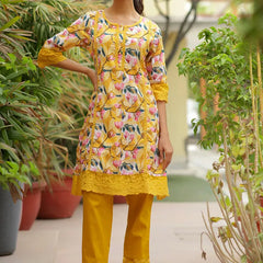 Women embroidered printed  kurta set with laced solid pants (Set of 5 Pc)