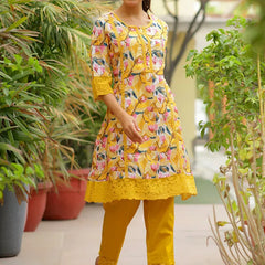 Women embroidered printed  kurta set with laced solid pants (Set of 5 Pc)