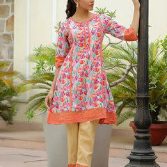 Women lemon embroidered printed  kurta set with laced solid pants (Set of 5 Pc)