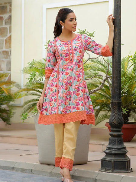 Women lemon embroidered printed  kurta set with laced solid pants (Set of 5 Pc)