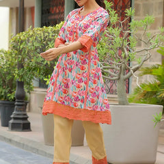 Women lemon embroidered printed  kurta set with laced solid pants (Set of 5 Pc)