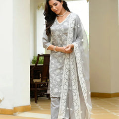 Women linen embroidered solid kurta set with solid pants & chiffon embroidered dupatta (Set of 5 Pc)