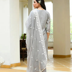 Women linen embroidered solid kurta set with solid pants & chiffon embroidered dupatta (Set of 5 Pc)