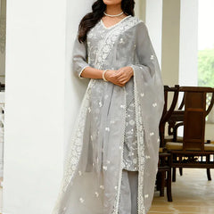 Women linen embroidered solid kurta set with solid pants & chiffon embroidered dupatta (Set of 5 Pc)