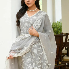 Women linen embroidered solid kurta set with solid pants & chiffon embroidered dupatta (Set of 5 Pc)