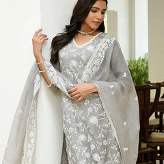 Women linen embroidered solid kurta set with solid pants & chiffon embroidered dupatta (Set of 5 Pc)