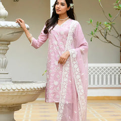 Women linen embroidered solid kurta set with solid pants & chiffon embroidered dupatta (Set of 5 Pc)