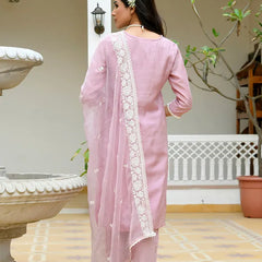 Women linen embroidered solid kurta set with solid pants & chiffon embroidered dupatta (Set of 5 Pc)