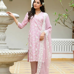 Women linen embroidered solid kurta set with solid pants & chiffon embroidered dupatta (Set of 5 Pc)