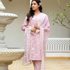 Women linen embroidered solid kurta set with solid pants & chiffon embroidered dupatta (Set of 5 Pc)