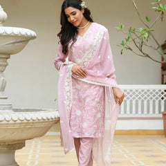 Women linen embroidered solid kurta set with solid pants & chiffon embroidered dupatta (Set of 5 Pc)
