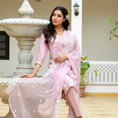 Women linen embroidered solid kurta set with solid pants & chiffon embroidered dupatta (Set of 5 Pc)