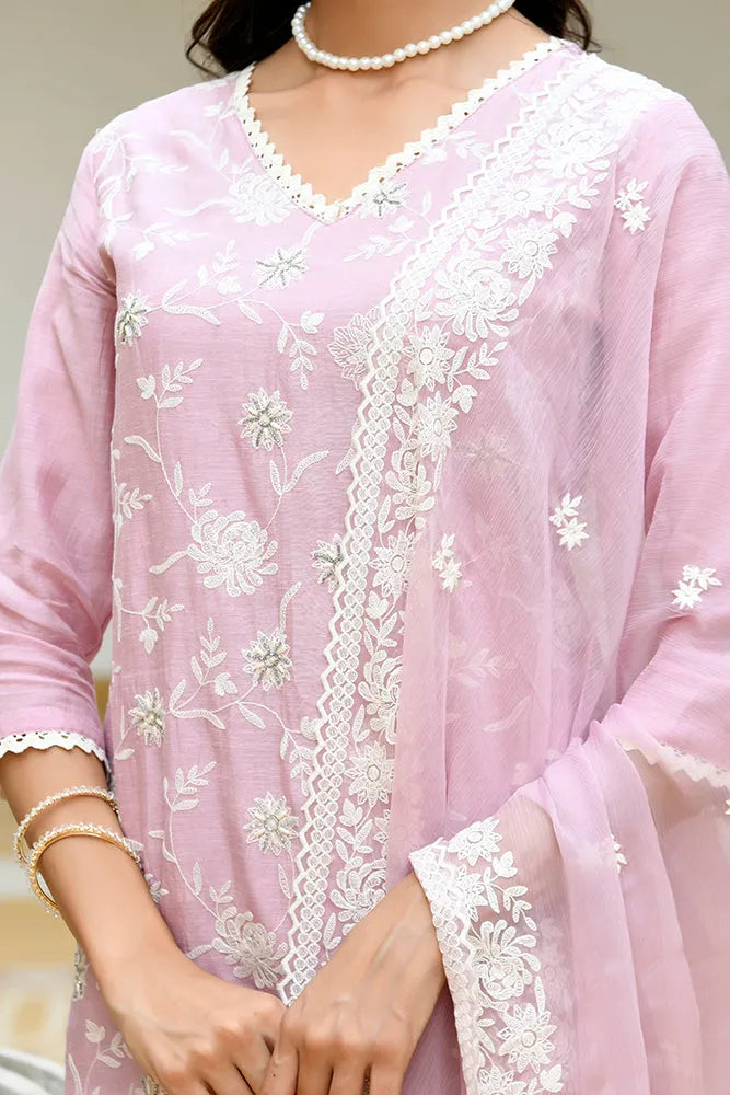 Women linen embroidered solid kurta set with solid pants & chiffon embroidered dupatta (Set of 5 Pc)