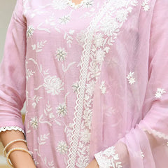 Women linen embroidered solid kurta set with solid pants & chiffon embroidered dupatta (Set of 5 Pc)
