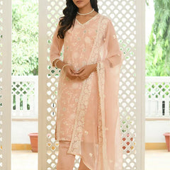 Women linen embroidered solid kurta set with solid pants & chiffon embroidered dupatta (Set of 5 Pc)