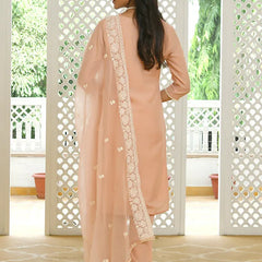 Women linen embroidered solid kurta set with solid pants & chiffon embroidered dupatta (Set of 5 Pc)