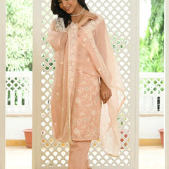 Women linen embroidered solid kurta set with solid pants & chiffon embroidered dupatta (Set of 5 Pc)